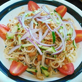 鯖の味噌煮で彩り和風パスタ